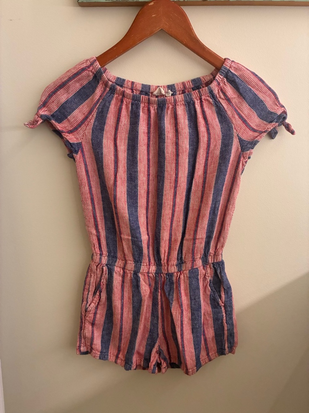 Kid Red and Blue Striped Off-Shoulder Romper